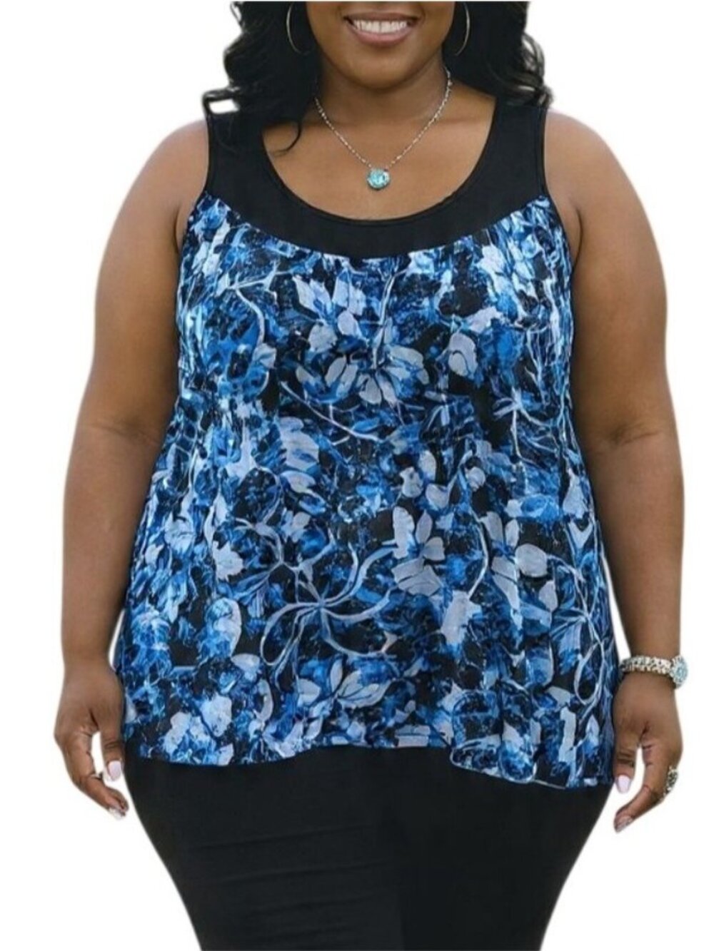 Claudia Richard Plus Size 2X Top Sleeveless Floral Print Top Black Blue Blouse